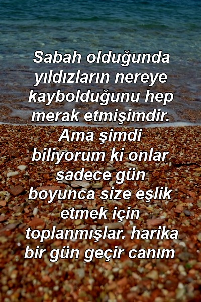 Sabah olduğunda yıldızların nereye kaybolduğunu hep merak etmişimdir. Ama şimdi biliyorum ki onlar sadece gün boyunca size eşlik etmek için toplanmışlar. harika bir gün geçir canım