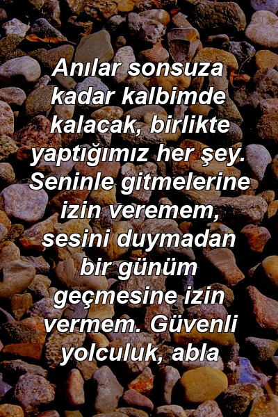 Anılar sonsuza kadar kalbimde kalacak, birlikte yaptığımız her şey. Seninle gitmelerine izin veremem, sesini duymadan bir günüm geçmesine izin vermem. Güvenli yolculuk, abla