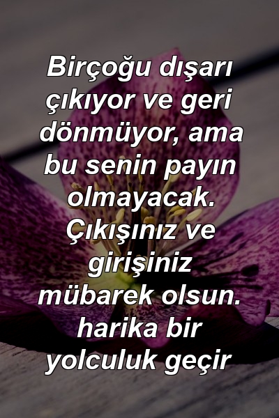 Birçoğu dışarı çıkıyor ve geri dönmüyor, ama bu senin payın olmayacak. Çıkışınız ve girişiniz mübarek olsun. harika bir yolculuk geçir