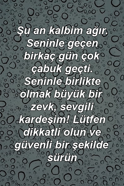 Şu an kalbim ağır. Seninle geçen birkaç gün çok çabuk geçti. Seninle birlikte olmak büyük bir zevk, sevgili kardeşim! Lütfen dikkatli olun ve güvenli bir şekilde sürün