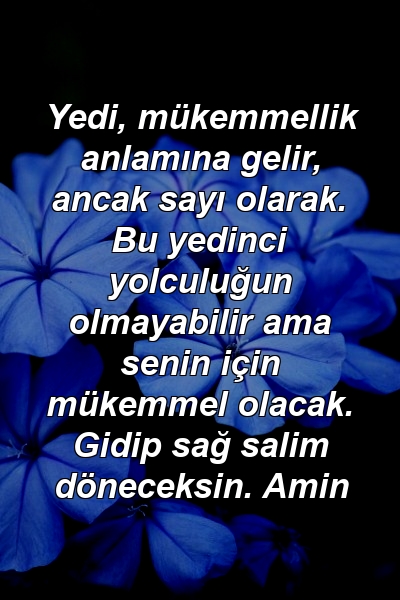 Yedi, mükemmellik anlamına gelir, ancak sayı olarak. Bu yedinci yolculuğun olmayabilir ama senin için mükemmel olacak. Gidip sağ salim döneceksin. Amin