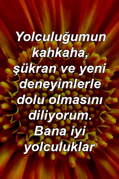 Yolculuğumun kahkaha, şükran ve yeni deneyimlerle dolu olmasını diliyorum. Bana iyi yolculuklar