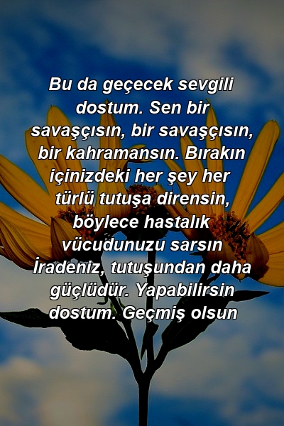 Bu da geçecek sevgili dostum. Sen bir savaşçısın, bir savaşçısın, bir kahramansın. Bırakın içinizdeki her şey her türlü tutuşa dirensin, böylece hastalık vücudunuzu sarsın İradeniz, tutuşundan daha güçlüdür. Yapabilirsin dostum. Geçmiş olsun