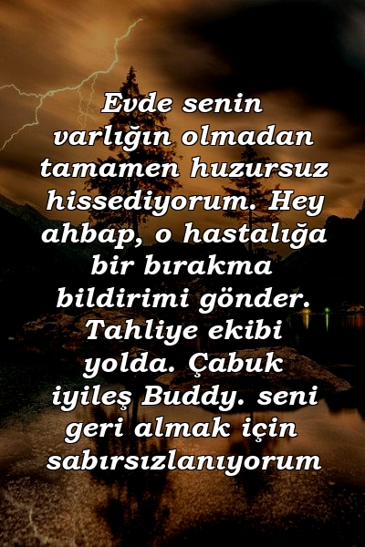 Evde senin varlığın olmadan tamamen huzursuz hissediyorum. Hey ahbap, o hastalığa bir bırakma bildirimi gönder. Tahliye ekibi yolda. Çabuk iyileş Buddy. seni geri almak için sabırsızlanıyorum