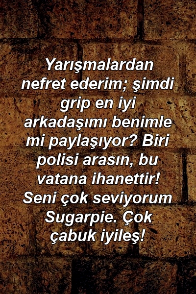 Yarışmalardan nefret ederim; şimdi grip en iyi arkadaşımı benimle mi paylaşıyor? Biri polisi arasın, bu vatana ihanettir! Seni çok seviyorum Sugarpie. Çok çabuk iyileş!