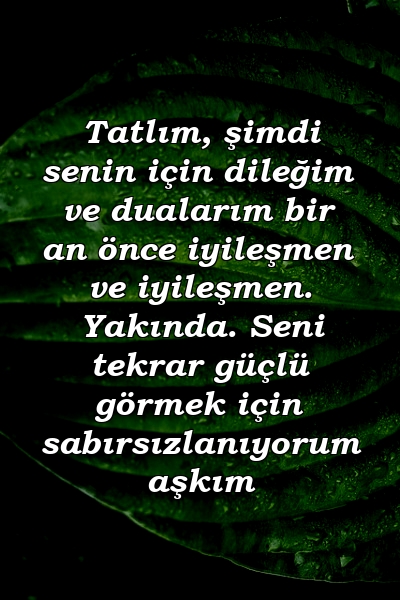 Tatlım, şimdi senin için dileğim ve dualarım bir an önce iyileşmen ve iyileşmen. Yakında. Seni tekrar güçlü görmek için sabırsızlanıyorum aşkım