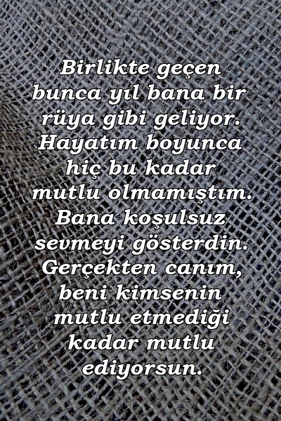 Birlikte geçen bunca yıl bana bir rüya gibi geliyor. Hayatım boyunca hiç bu kadar mutlu olmamıştım. Bana koşulsuz sevmeyi gösterdin. Gerçekten canım, beni kimsenin mutlu etmediği kadar mutlu ediyorsun.