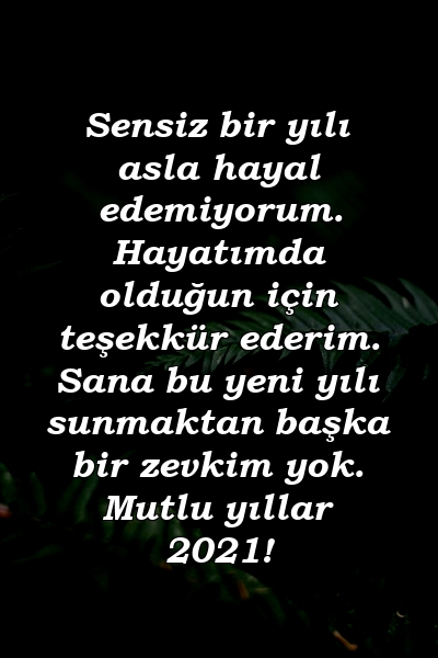 Sensiz bir yılı asla hayal edemiyorum. Hayatımda olduğun için teşekkür ederim. Sana bu yeni yılı sunmaktan başka bir zevkim yok. Mutlu yıllar 2021!