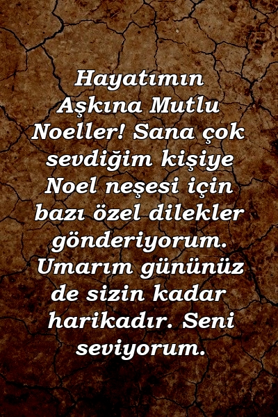 Hayatımın Aşkına Mutlu Noeller! Sana çok sevdiğim kişiye Noel neşesi için bazı özel dilekler gönderiyorum. Umarım gününüz de sizin kadar harikadır. Seni seviyorum.