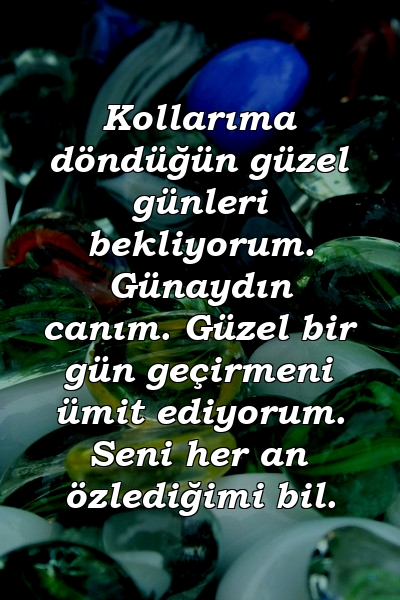 Kollarıma döndüğün güzel günleri bekliyorum. Günaydın canım. Güzel bir gün geçirmeni ümit ediyorum. Seni her an özlediğimi bil.