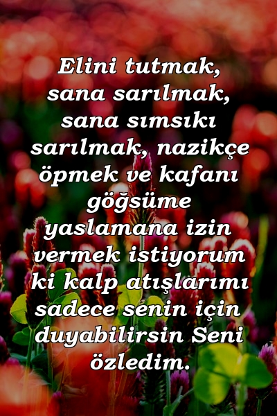 Elini tutmak, sana sarılmak, sana sımsıkı sarılmak, nazikçe öpmek ve kafanı göğsüme yaslamana izin vermek istiyorum ki kalp atışlarımı sadece senin için duyabilirsin Seni özledim.