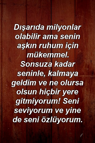 Dışarıda milyonlar olabilir ama senin aşkın ruhum için mükemmel. Sonsuza kadar seninle, kalmaya geldim ve ne olursa olsun hiçbir yere gitmiyorum! Seni seviyorum ve yine de seni özlüyorum.