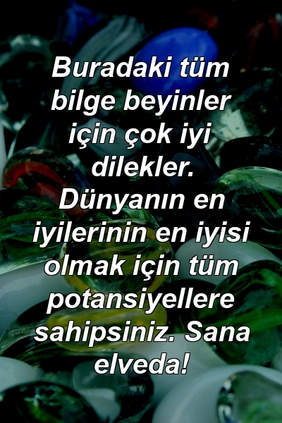 Buradaki tüm bilge beyinler için çok iyi dilekler. Dünyanın en iyilerinin en iyisi olmak için tüm potansiyellere sahipsiniz. Sana elveda!