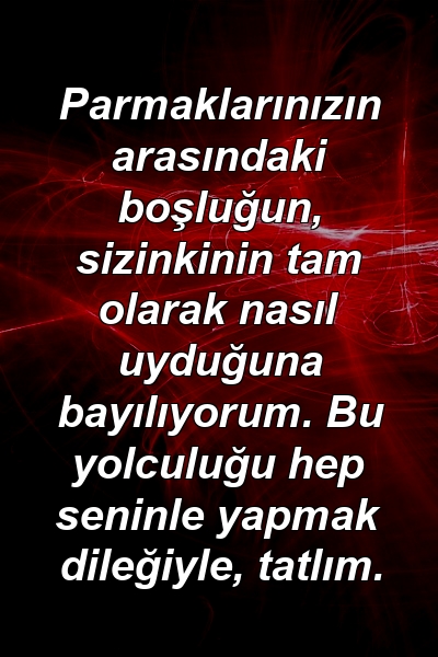 Parmaklarınızın arasındaki boşluğun, sizinkinin tam olarak nasıl uyduğuna bayılıyorum. Bu yolculuğu hep seninle yapmak dileğiyle, tatlım.