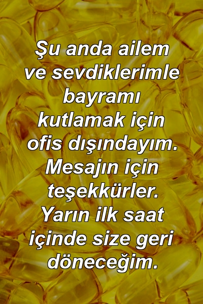 Şu anda ailem ve sevdiklerimle bayramı kutlamak için ofis dışındayım. Mesajın için teşekkürler. Yarın ilk saat içinde size geri döneceğim.