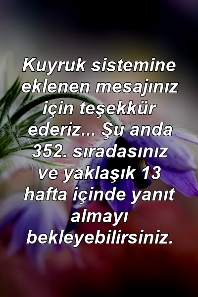 Kuyruk sistemine eklenen mesajınız için teşekkür ederiz... Şu anda 352. sıradasınız ve yaklaşık 13 hafta içinde yanıt almayı bekleyebilirsiniz.